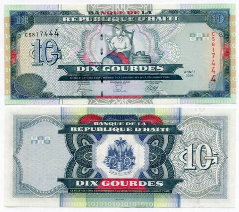 Банкнота Гаити 10 гурдов 2004 год CS817444. UNC
