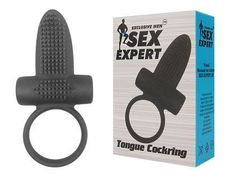 Чёрное эрекционное кольцо с вибрацией и язычком Sex Expert - 