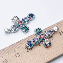 Подвеска Крест, цвет серебро (родий), цветные фианиты, размер 26*18 мм, цена за 1 шт