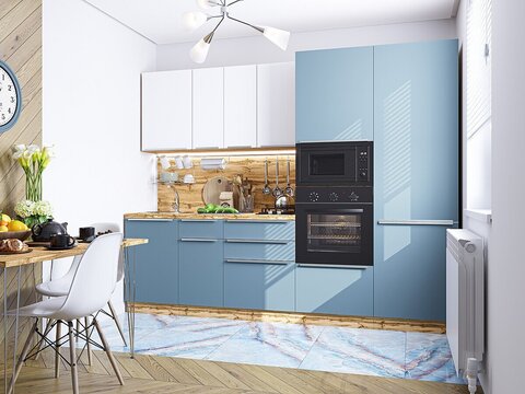 Прямая модульная кухня Фьюжн-07 Silky White/Silky Blue - Дуб Вотан 2140*2700*600