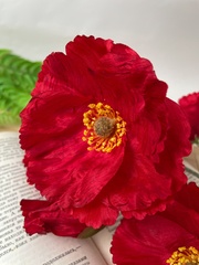 Мак искусственный, бархатистая ножка и листья, 2 цветка + 1 бутон на ветке, 58 см, набор 2 ветки.