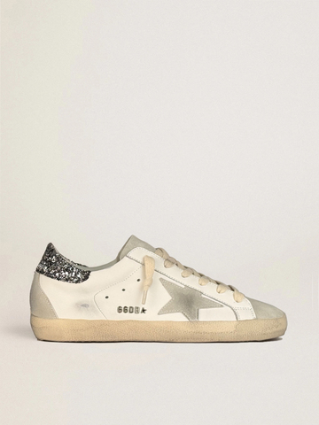 Super Star in white leather with grey suede star and silver glitter heel tab
