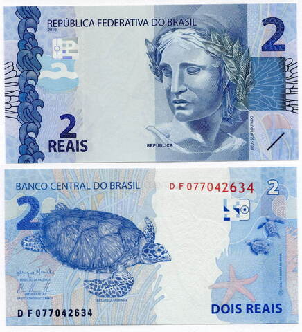 Банкнота Бразилия 2 реала 2010 год. UNC