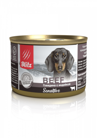Blitz Sensitive Dog Beef & Turkey (Pate), собаки всех пород, говядина индейка, паштет, банка (200 г)
