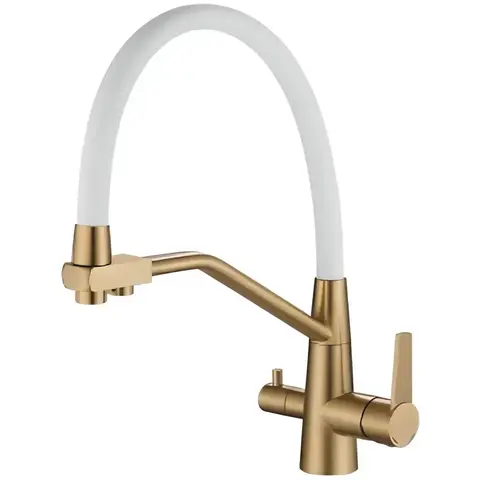 Смеситель для кухни HAIBA HB76822-5 с подключением фильтра, гибкий излив белый/золото