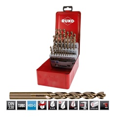 Набор сверл по металлу 1-13мм 25шт DIN338 HSS-G 130° Turbo (мет. кейс) Ruko 214615(K)