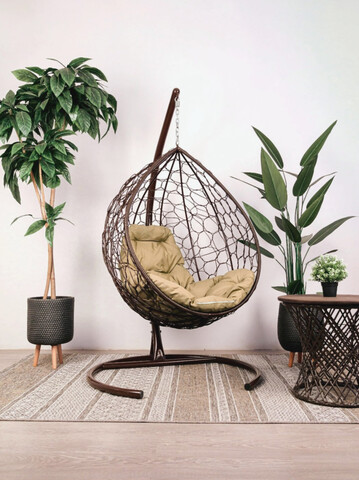 подвесное кресло-кокон КАПЛЯ (с ротангом) КОРИЧНЕВЫЙ КАРКАС