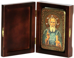 Инкрустированная Икона Преподобный Сергий Радонежский чудотворец 15х10см на натуральном дереве, в подарочной коробке