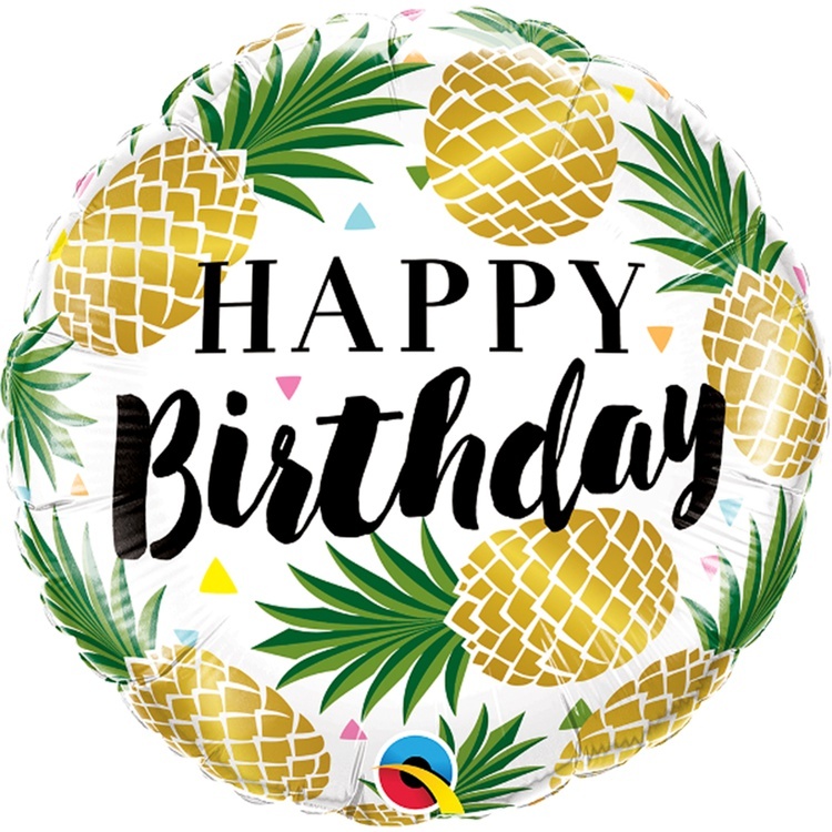 Q 18''/46 см, Круг, Happy birthday, Ананасы золотые, 1 шт. ( В упаковке)