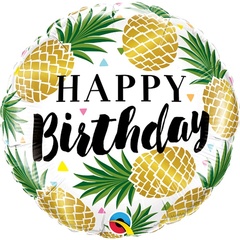 Q 18''/46 см, Круг, Happy birthday, Ананасы золотые, 1 шт. ( В упаковке)