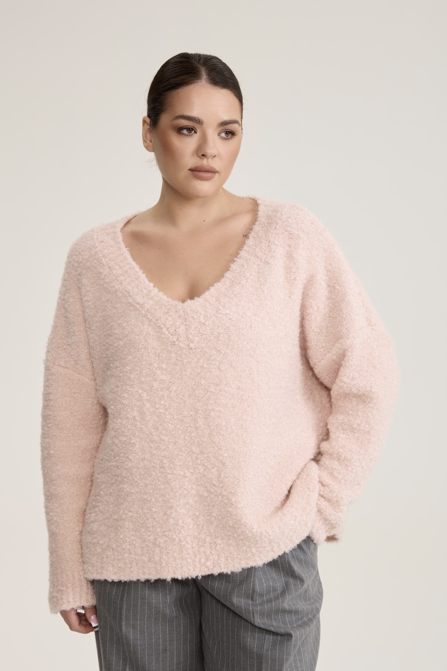 Джемпер букле с V-вырезом, светло-розовый