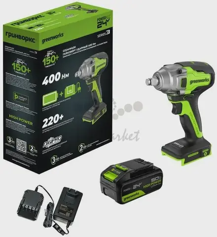 Гайковерт ударный аккумуляторный Greenworks GD24IW400, 24V,б/щет, 1/2'', 400Нм, 1х5Ач, ЗУ, кор (3802907CUG)