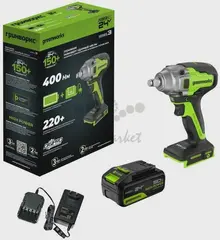 Гайковерт ударный аккумуляторный Greenworks GD24IW400, 24V,б/щет, 1/2'', 400Нм, 1х5Ач, ЗУ, кор (3802907CUG)