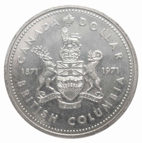 1 доллар. 100 лет присоединению Британской Колумбии. Канада. 1971 год. BrUNC Серебро