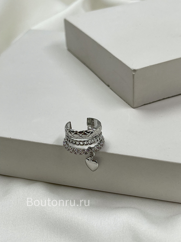Кафф тройной с сердцем серебристый