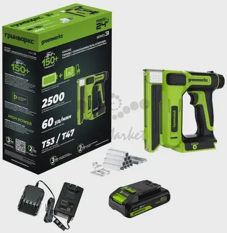 Гвозде / Скобозабиватель (степлер) аккумуляторный Greenworks G24CS10, 24V, 60 уд/мин, скобы Т53, гвозди Т47, 1х2Ач, ЗУ (3400107CUA)