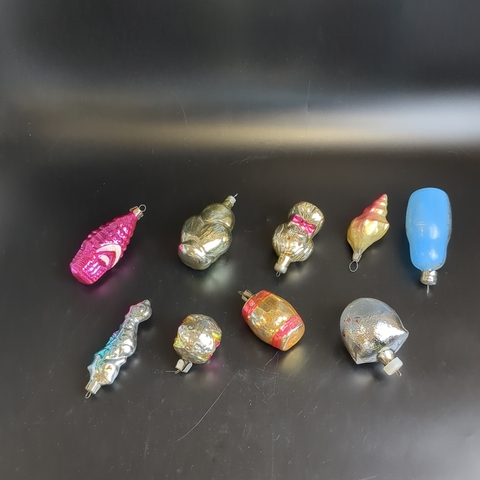 Ёлочные игрушки набор из 9 разных штук бочка сказка о Царе Салтане, собачка, матрешка, избушка, ракушка и др, стекло, подвесные, винтаж СССР 1970-1990 гг