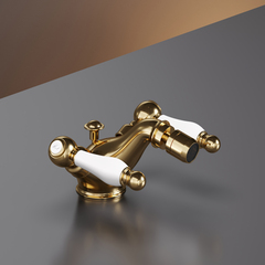 Смеситель для биде и рукомойников STURM Emilia двухрычажный с донным клапаном, золото/белая керамика LUX-EMI-30055-GL