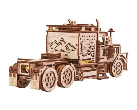 Тягач Big Rig с прицепом автовоза от Wood Trick - Деревянный конструктор, сборная механическая модель, 3D пазл