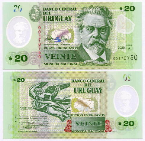 Банкнота Уругвай 20 песо 2020 год A 00170750. UNC (пластик)