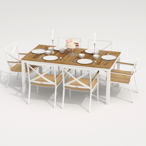 Обеденная группа Ideal Patio ТЕЛЛА  ФЕСТА  каркас белый, стол тик 180, ткань бежевая