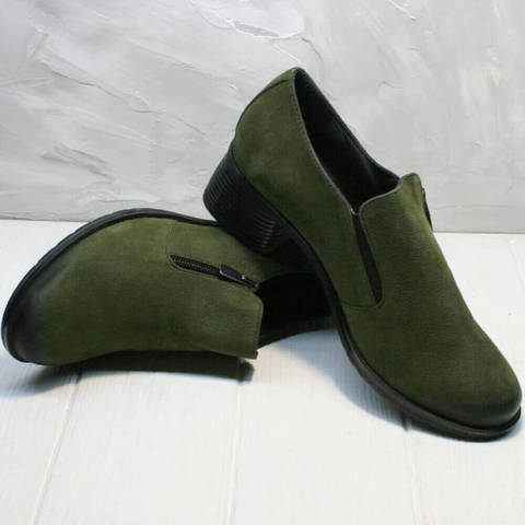 Кожаные туфли на невысоком каблуке 5 см. Осенние женские туфли цвета хаки MissRozella-Khaki.