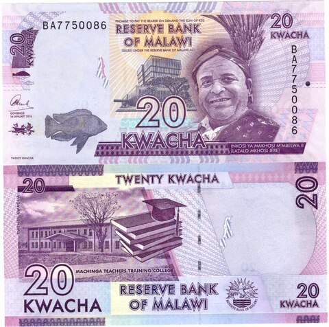 Банкнота Малави 20 квача 2016 год UNC
