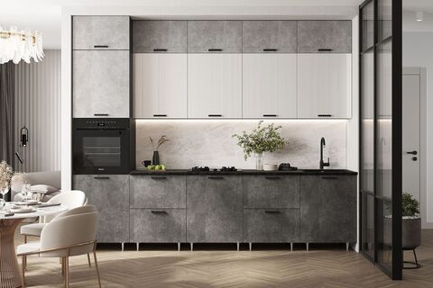 ЛДСП Кухня Рио NEW 3,0/1080м (490) Компановка №3 (Бетон светлый/Бетон темный/Белый глянец, Графит (Кастилло темный))