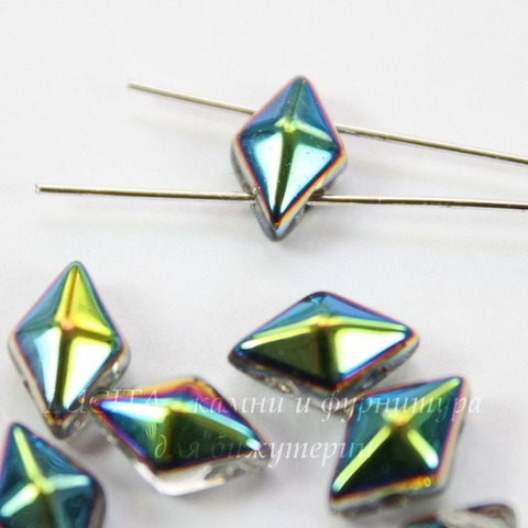 Бусина DiamonDuo Ромб с 2 отверстиями, 8х5 мм, фиолетово-зеленая