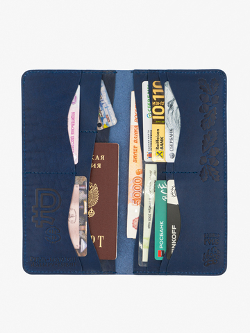 Бумажник «Всё в одном» из натуральной кожи Краст, тёмно-синего цвета