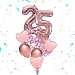 Композиция из шаров розовое золото с сердцами и цифрами на 25 лет