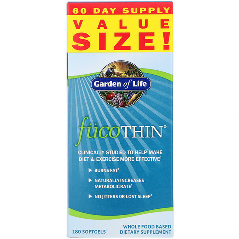 Garden of Life, FucoThin, нестимулирующий натуральный сжигатель жира, 180 мягких желатиновых капсул