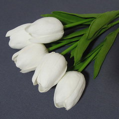 Тюльпаны искусственные для декора, реалистичные как живые, Белые, латексные (силиконовые),  34 см, букет из 5 штук.