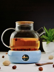 Заварочный чайник с подогревом от свечи на голубой керамической подставке, 1 литр