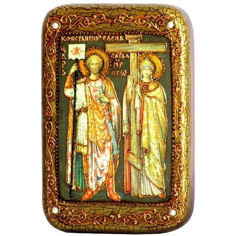 Инкрустированная Икона Святые равноапостольные Константин и Елена 15х10см на натуральном дереве, в подарочной коробке