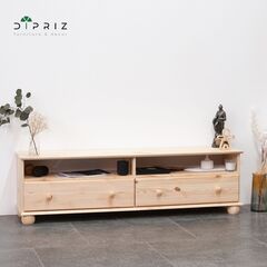 Тумба под телевизор 140 см Бритта с ящиками и полками, из массива сосны в натуральной отделке