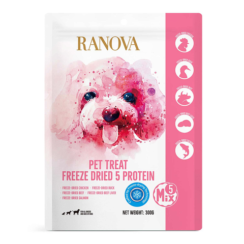 Лакомство Ranova для собак сублимированное Мясное ассорти: куриная грудка, утиная грудка, говядина, говяжья печень, лосось, 300 г