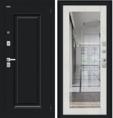 Входная дверь в квартиру с зеркалом Браво Флэш хром мат Букле чёрное/Bianco Melinga