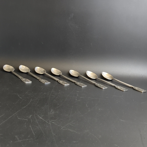 Набор из 6 чайных ложек с изображениями птиц, мельхиор, холодная эмаль, фабрика "Красносельский ювелир", СССР, 1960-1970 г.