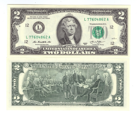 2 доллара 2013 год двор 12  L . Счастливая Банкнота