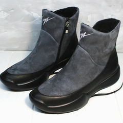 Зимние модные женские кроссовки на танкетке Jina 7195 Leather Black-Gray