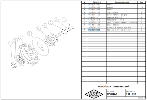 Колесо мотоблока DDE в сборе левое 4,00-8  Буцефал 2020