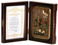 Инкрустированная икона Чудо великомученика Димитрия Солунского о царе Калояне 15х10см на натуральном дереве, в подарочной коробке