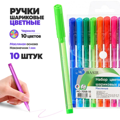 
          Набор цветных масляных шариковых ручек 10 штук, MC-Basir, цветной полупрозрачный корпус, наконечник 1 мм, неавтоматическая многоразовая, пулевидный стержень для письма