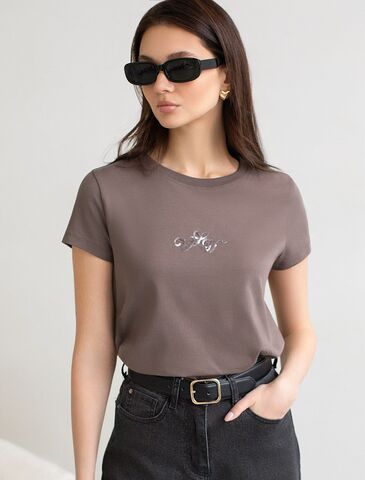 Нарядная футболка с принтом пайетками из премиального хлопка с эластаном  D49.123 (128809)