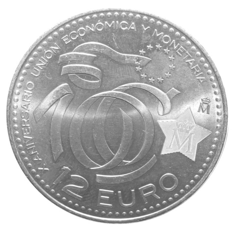 12 евро 2009 Испания - 10 лет монетарной политике ЕС и введения евро. AU Серебро