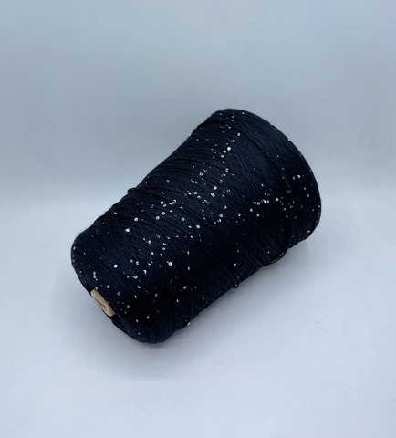 Бобинная пряжа (пр.Италия).art-Merino paillettes 380/100гр, 96% меринос, 4% Пайетки(3мм)(полиэстер), цвет-Черный+серая пайетка голографик, арт.30680