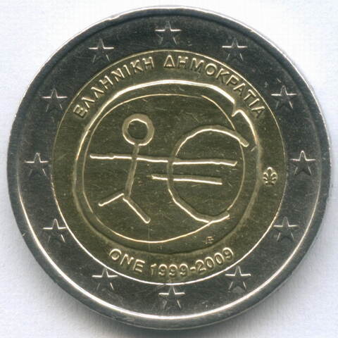 2 евро 2009 год. Греция. 10 лет монетарной политики ЕС и введения евро. Биметалл XF