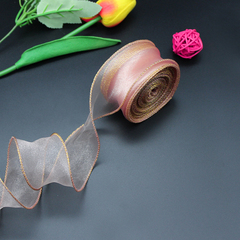 Лента органза с золотой нитью (4см*9,14м), Розовый, 1 шт.