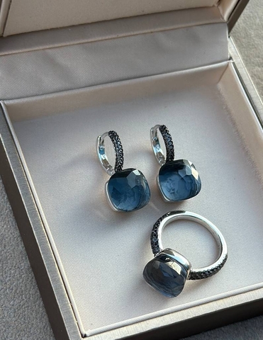 Серьги и кольцо Caramel из серебра с кварцем цвета атлантики в стилистике POMELLATO